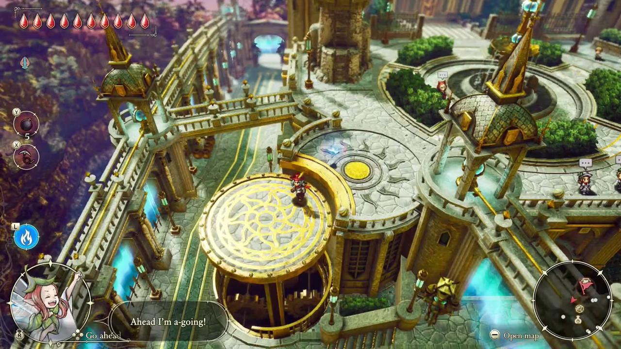 The Adventures of Elliot: The Millennium Tales screenshot showing Elliot exploring a large city area with Faie dialogue on screen.