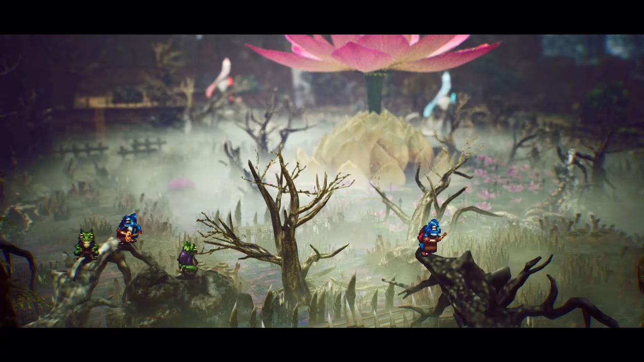 The Adventures of Elliot: The Millennium Tales screenshot showing a misty fantasy area with small enemies and a giant flower in the background.