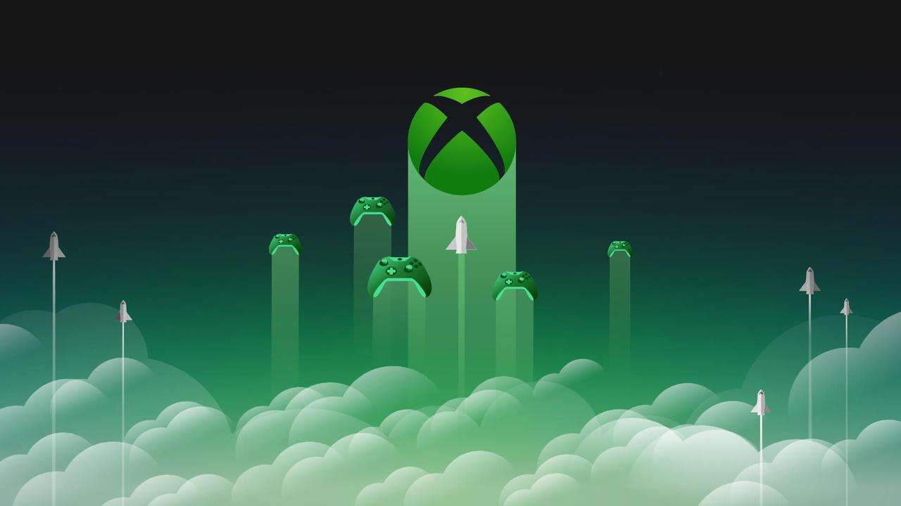 Xbox Cloud Gaming artwork with Xbox branding rising above clouds.