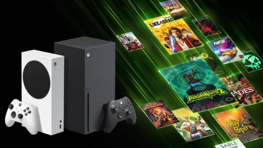 XBOX Series X and XBOX Series S consoles beside XBOX Cloud Gaming library artwork with game cards and cloud icons.