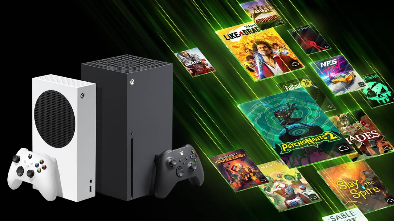 XBOX Series X and XBOX Series S consoles beside XBOX Cloud Gaming library artwork with game cards and cloud icons.