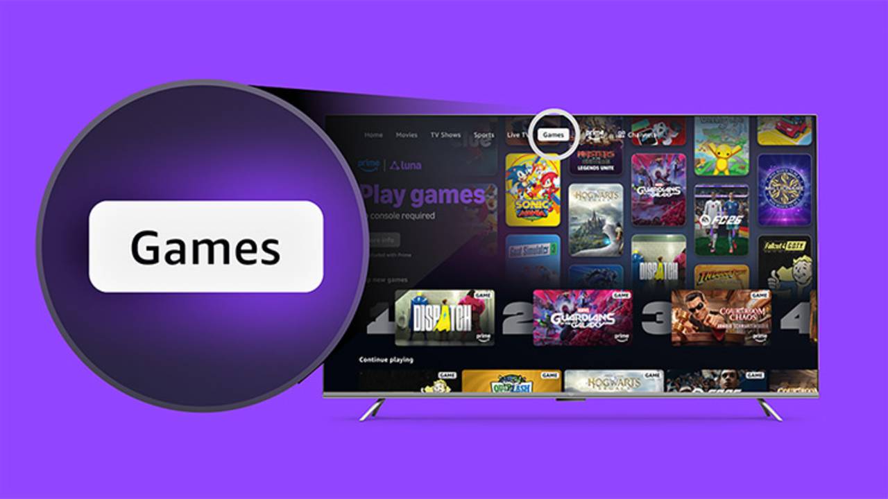 Prime Video Games tab highlighted on a Fire TV screen showing Amazon Luna games.