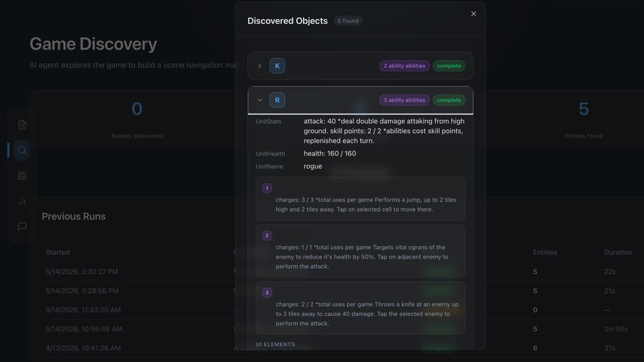 Amazon Bedrock AI game-testing interface displaying discovered game objects, unit health, statistics, and abilities.