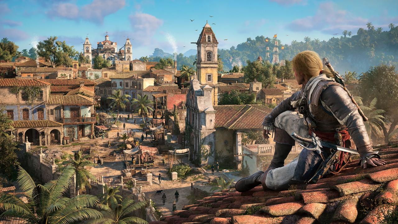Edward Kenway sits on a rooftop overlooking a Caribbean town in Assassin’s Creed Black Flag Resynced.