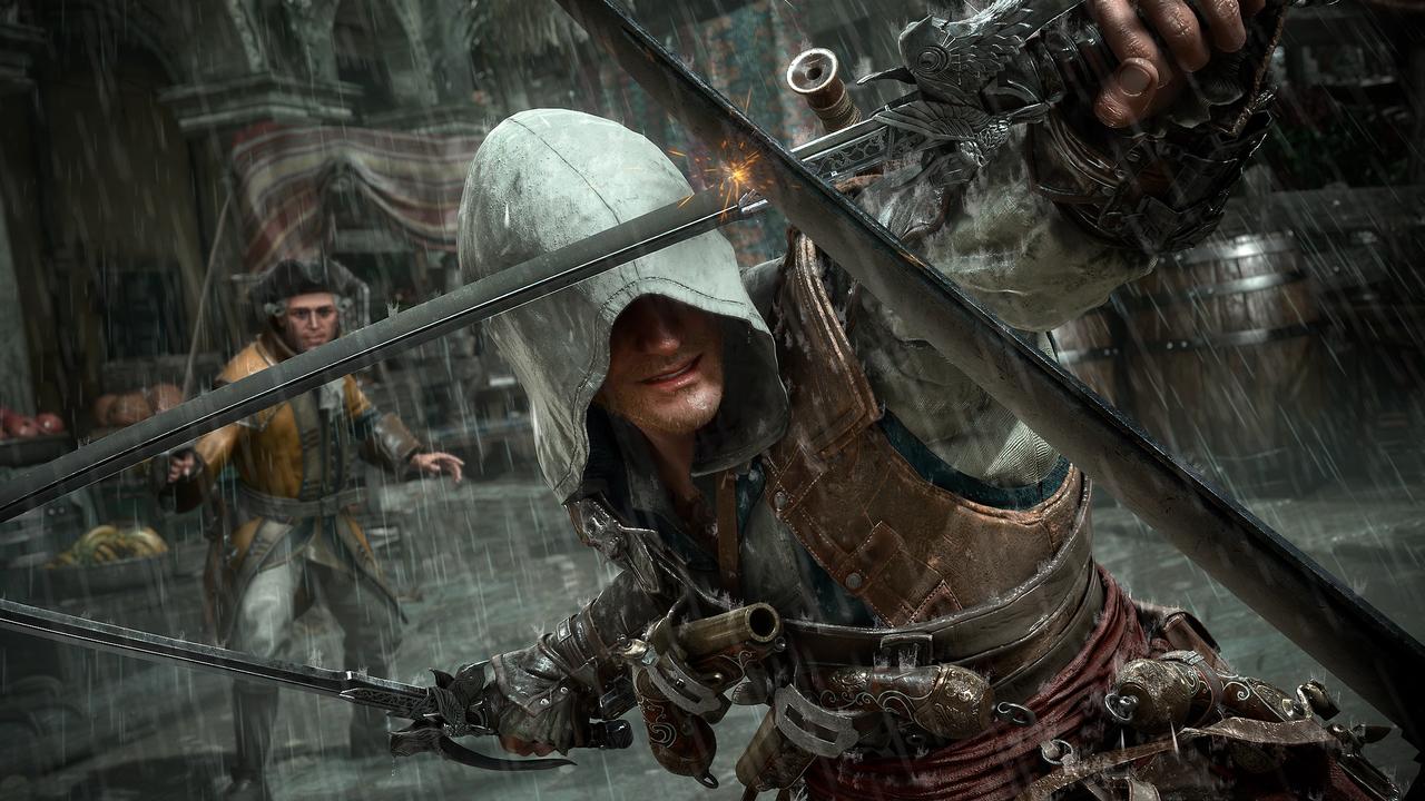 Edward Kenway blocks swords during a rainy fight in Assassin’s Creed Black Flag Resynced.