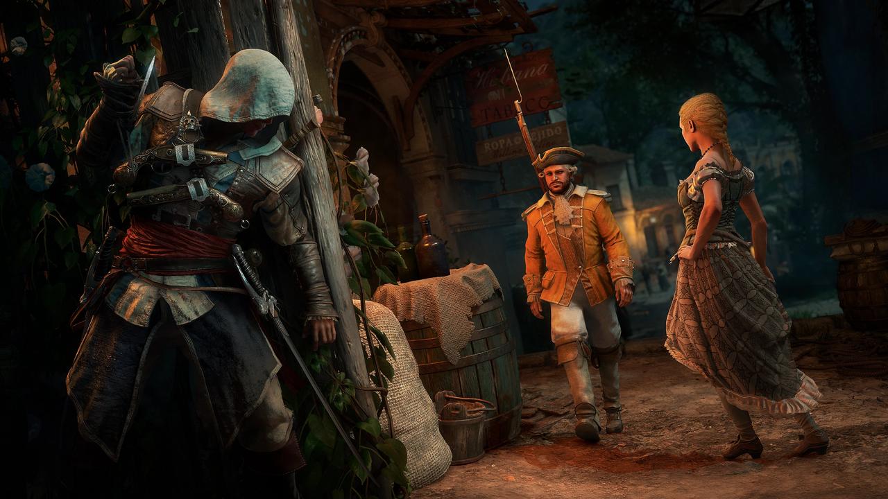 Edward Kenway hides near a building while watching two people in Assassin’s Creed Black Flag Resynced.