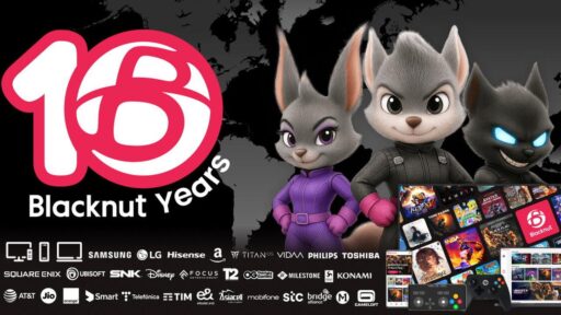 Blacknut 10 Years graphic with mascot characters, partner logos, and cloud gaming devices.