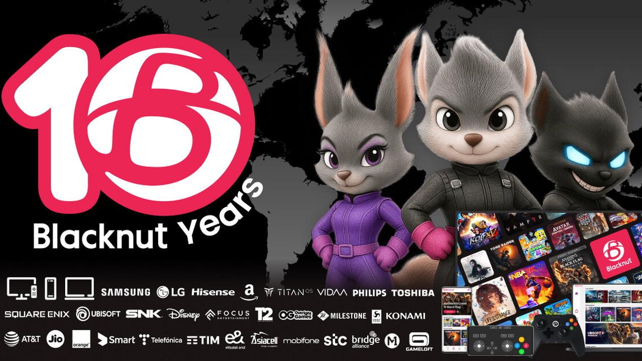 Blacknut 10 Years graphic with mascot characters, partner logos, and cloud gaming devices.