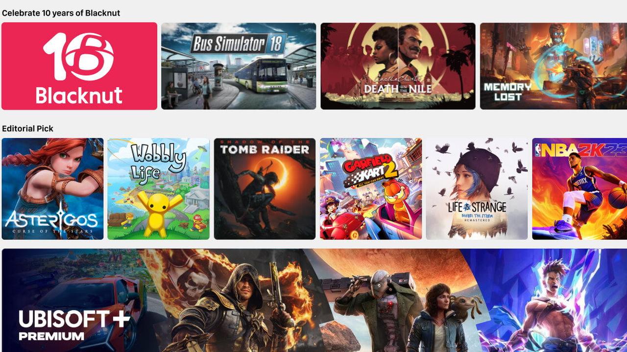 Blacknut 10-year catalog screen showing game tiles, editorial picks, and Ubisoft+ Premium artwork.