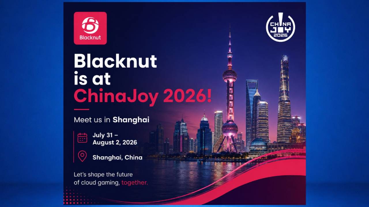 Blacknut ChinaJoy 2026 graphic featuring the Shanghai skyline and event dates from July 31 to August 2.