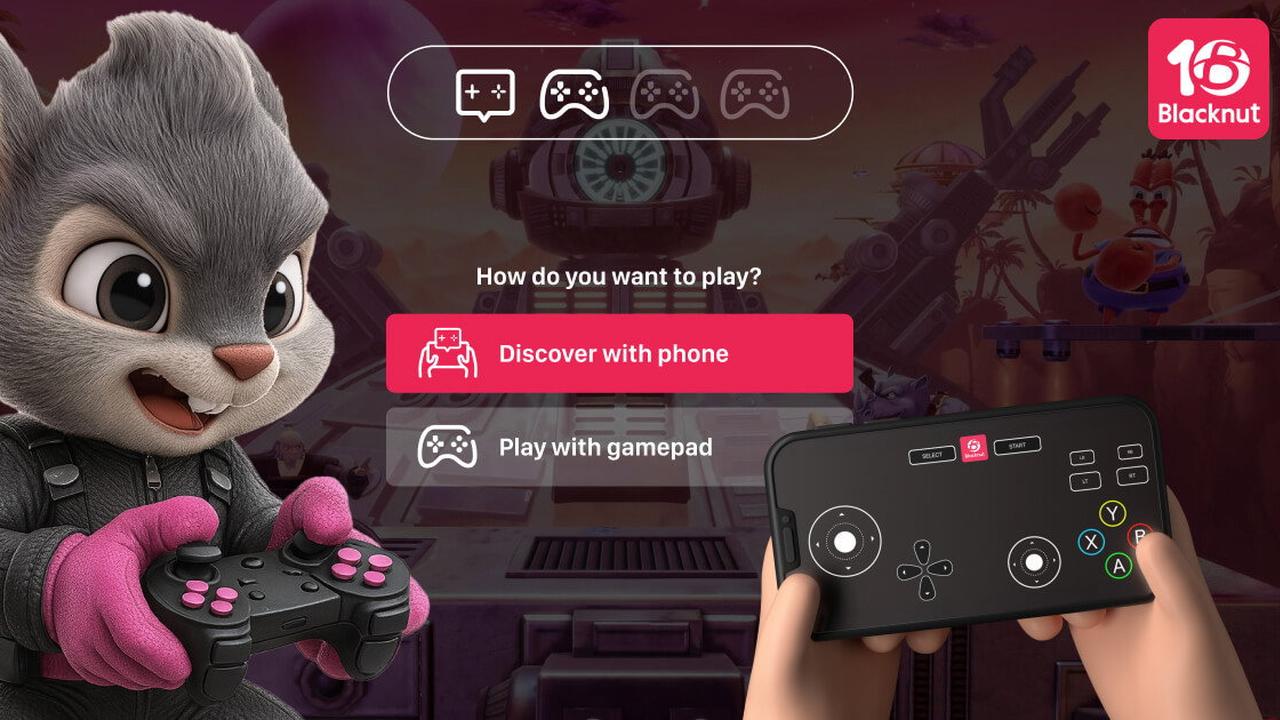 Blacknut companion app screen showing phone controller play alongside a gamepad option.