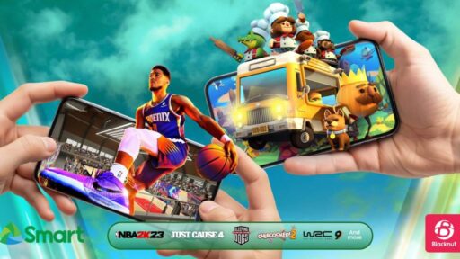 Smart and Blacknut promotional artwork showing NBA 2K23 and Overcooked! 2 streaming on smartphones in the Philippines.