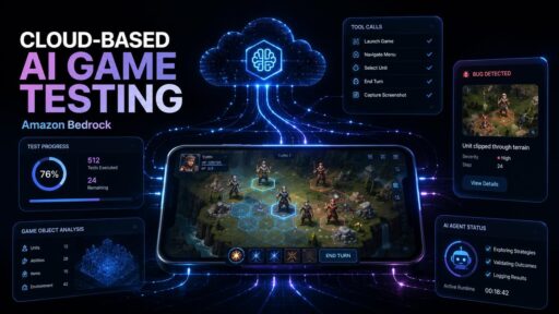 Cloud-based AI game-testing dashboard connected to a mobile strategy game through Amazon Bedrock.