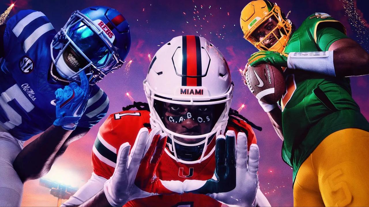 EA SPORTS College Football 27 promotional image showing athletes from Ole Miss, Miami, and Oregon.
