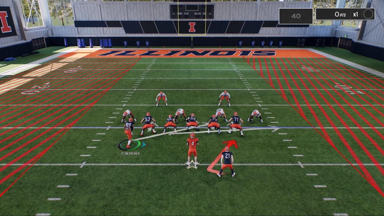 Road to Glory athlete lines up for a practice rep with defensive coverage zones displayed in EA SPORTS College Football 27.