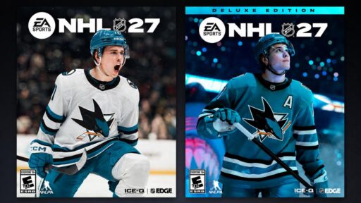 Collage showing the EA SPORTS NHL 27 Standard Edition and Deluxe Edition covers featuring Macklin Celebrini.