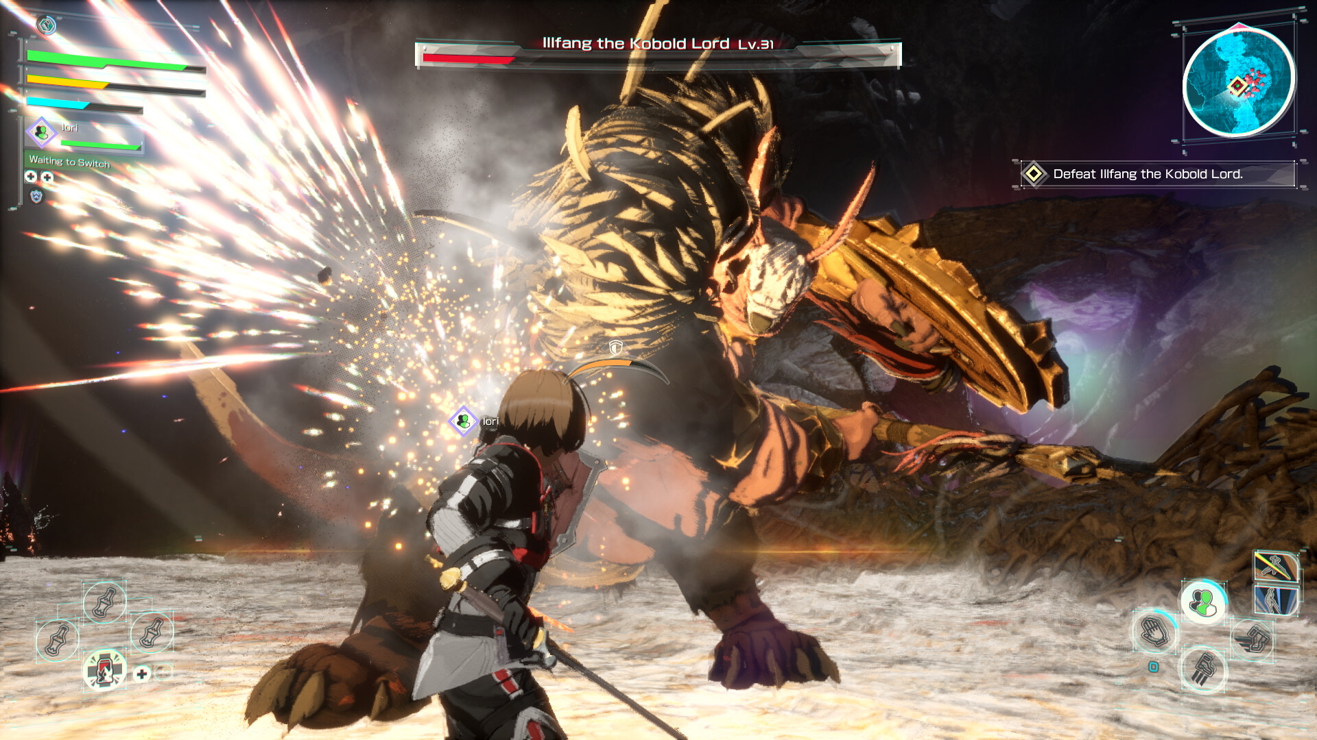 The player character battles Illfang the Kobold Lord during a boss fight in Echoes of Aincrad.