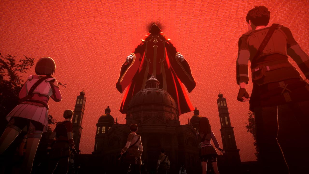 A group of characters looks up at a giant cloaked figure above a town during a dramatic scene in Echoes of Aincrad.