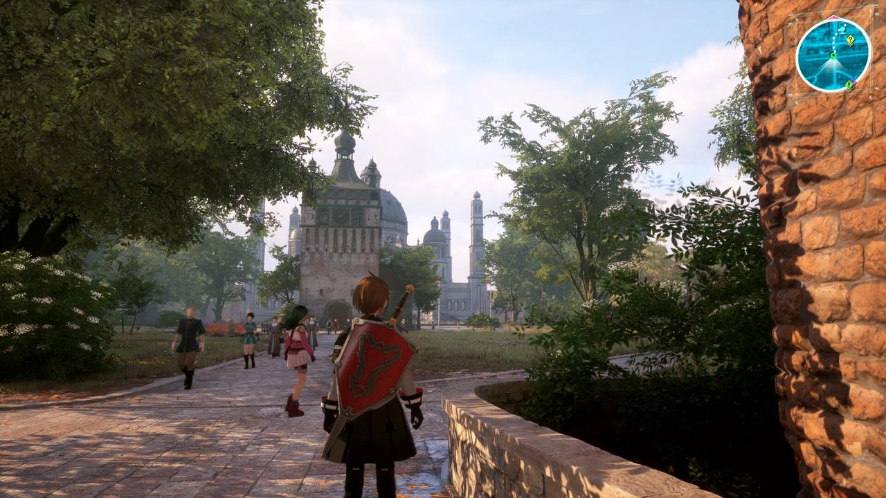 The player character walks through a populated town in Echoes of Aincrad with a large castle ahead.