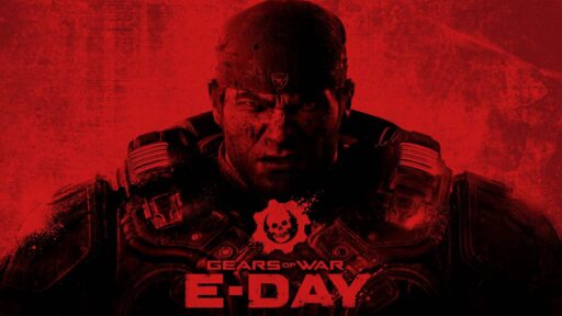 Gears of War: E-Day key art featuring a battle-worn COG soldier against a red background.