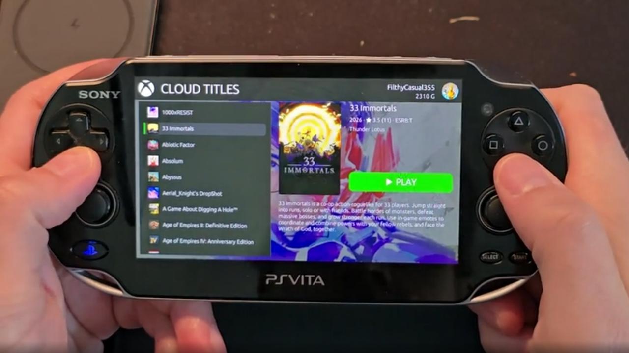 PS Vita displaying the GreenVita XBOX Cloud Gaming library with 33 Immortals selected.