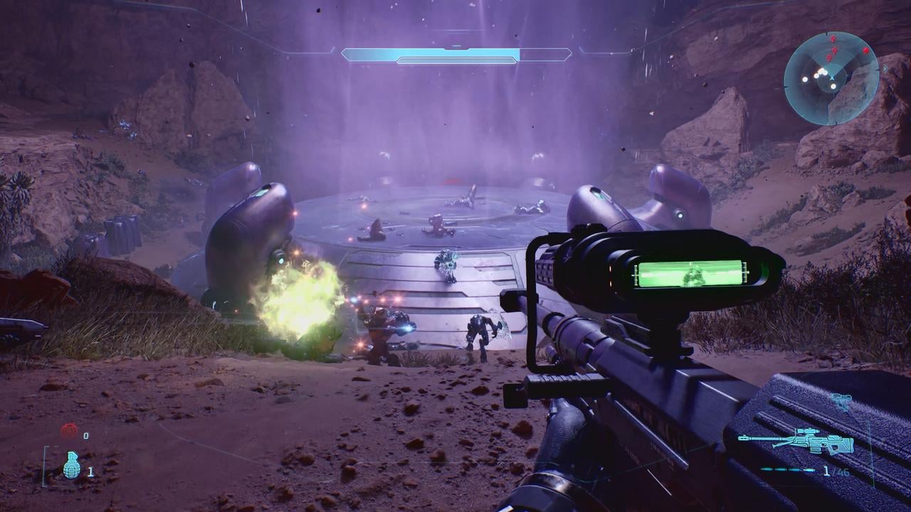 Master Chief faces a large group of Covenant enemies during Campaign Remix in Halo: Campaign Evolved.