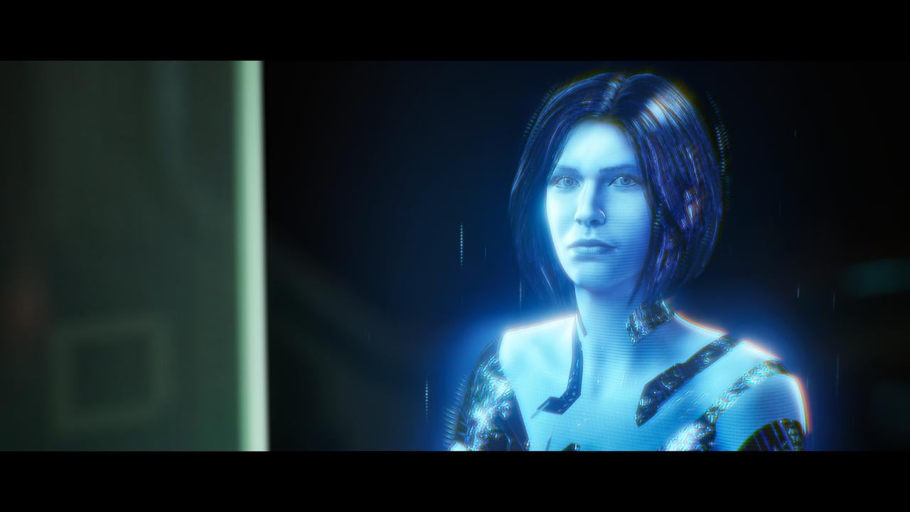 Cortana appears as a blue hologram during a cutscene in Halo: Campaign Evolved.