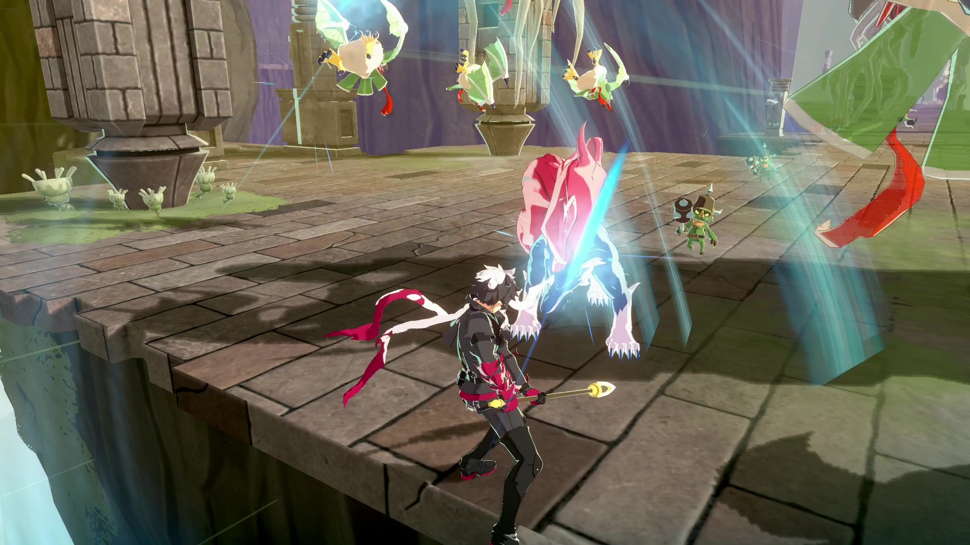 image A character with a spear and red scarf facing a glowing blue wolf on a stone platform, with small green creatures and flying birds around