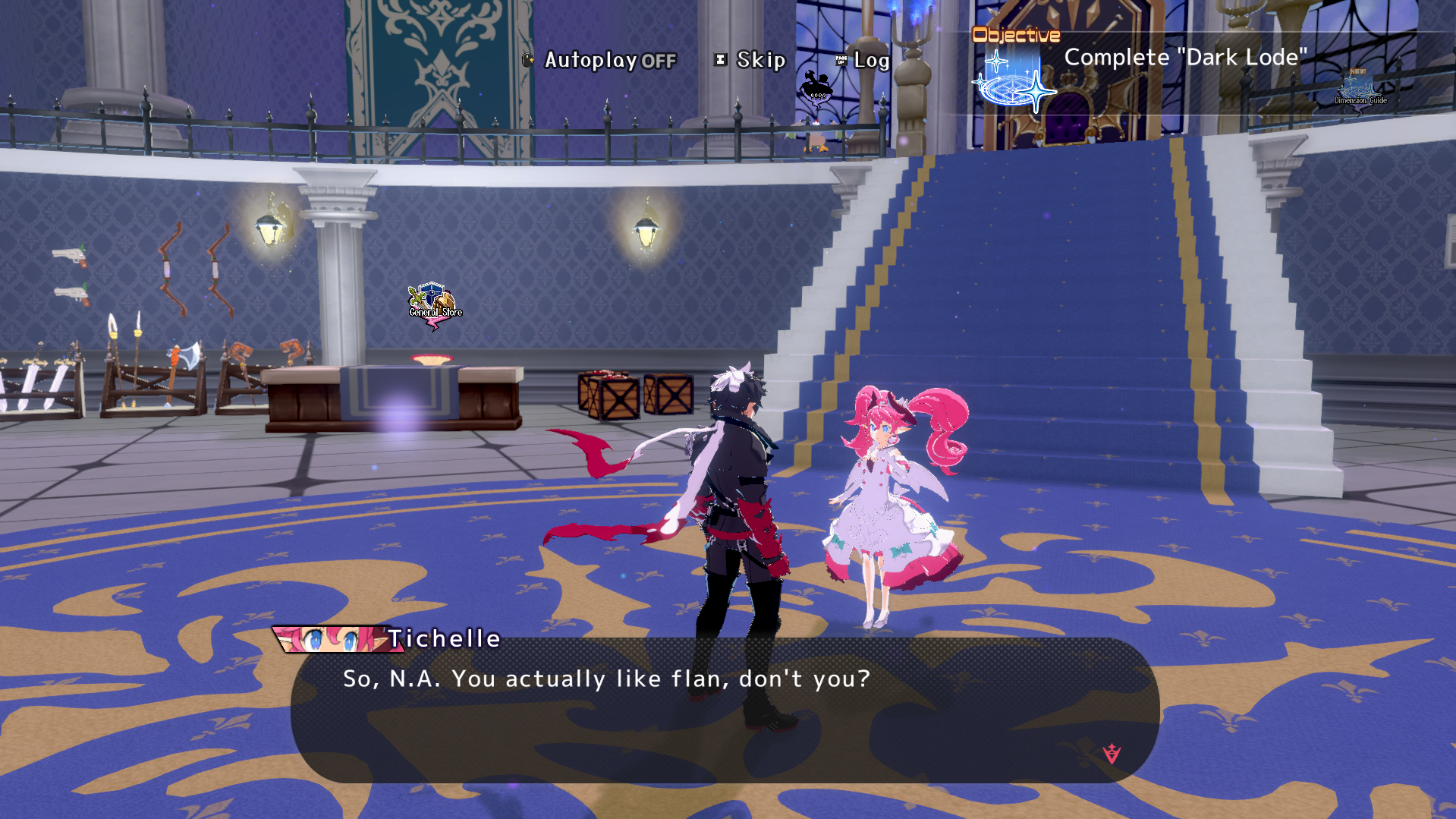 image Two anime-style characters talking in a large hall with blue and gold carpet and a staircase, game dialogue showing 'So, N.A. You actually like flan, don't you?'