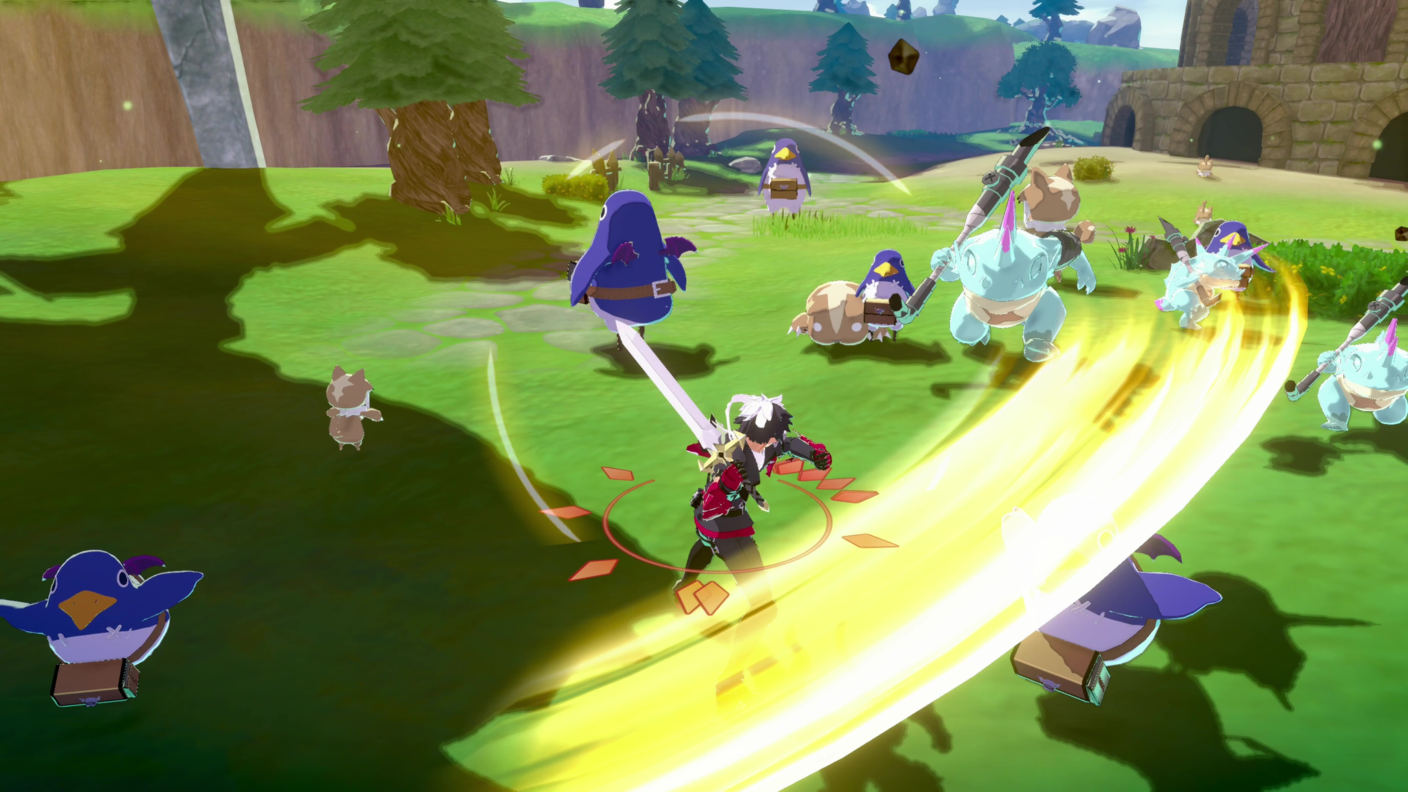 image Animated character wielding a large sword surrounded by fantasy creatures in an outdoor grassy area