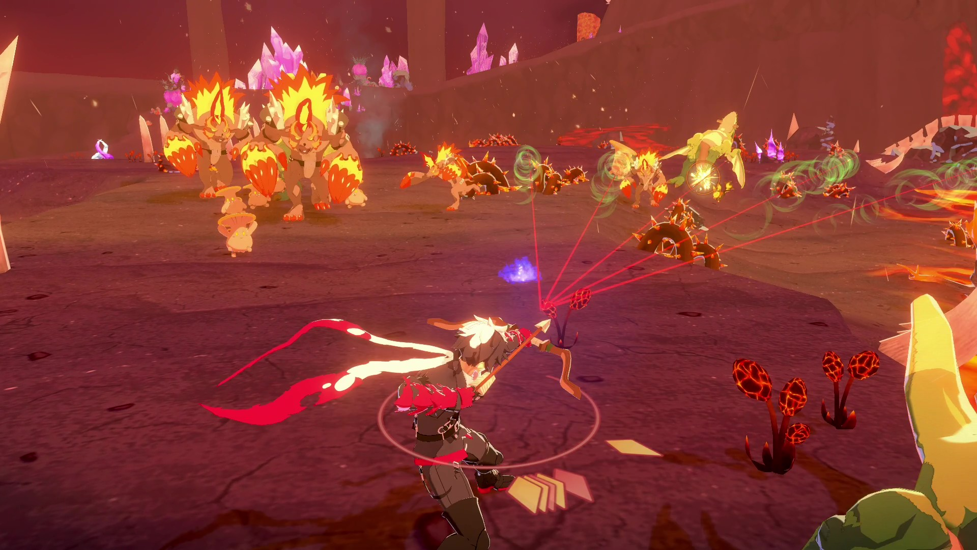 image Character aiming a bow at various fiery creatures in a volcanic, crystal-filled environment