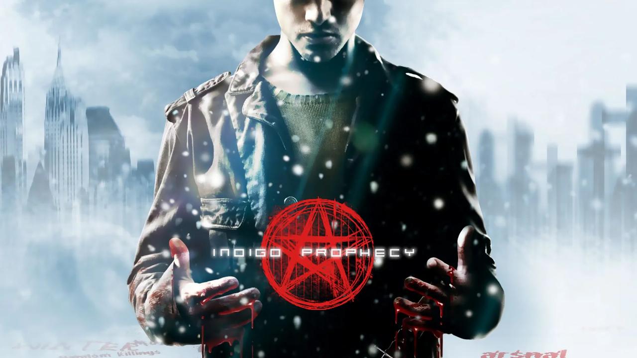 Indigo Prophecy artwork showing a man with outstretched blood-stained hands against a snowy city background.