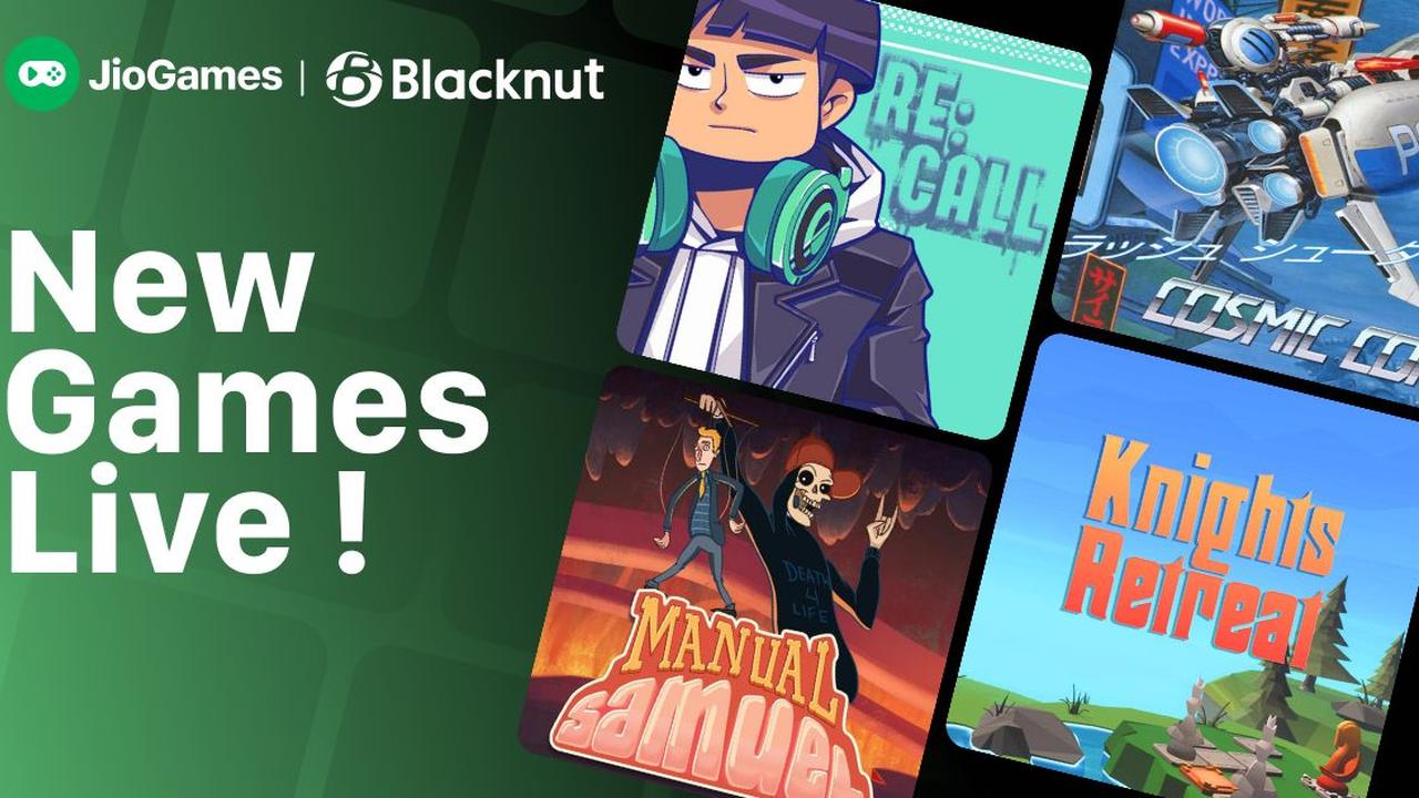 JioGames and Blacknut promotional image featuring Manual Samuel, RE:CALL, Cosmic Cop, and Knight’s Retreat.
