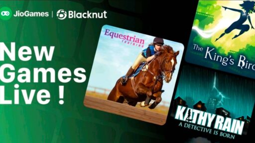 JioGames Cloud and Blacknut graphic featuring Kathy Rain, The King’s Bird, and Equestrian Training.