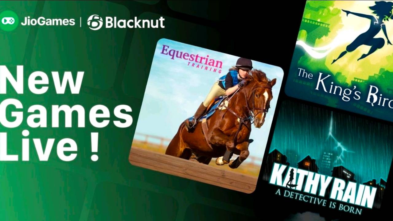 JioGames Cloud and Blacknut graphic featuring Kathy Rain, The King’s Bird, and Equestrian Training.