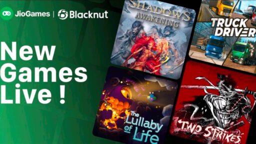 JioGames Cloud and Blacknut graphic featuring Shadows: Awakening, Truck Driver, Two Strikes, and The Lullaby of Life.