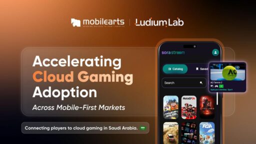 Mobile Arts and Ludium Lab partnership image showing Sora Stream cloud gaming on mobile in Saudi Arabia.
