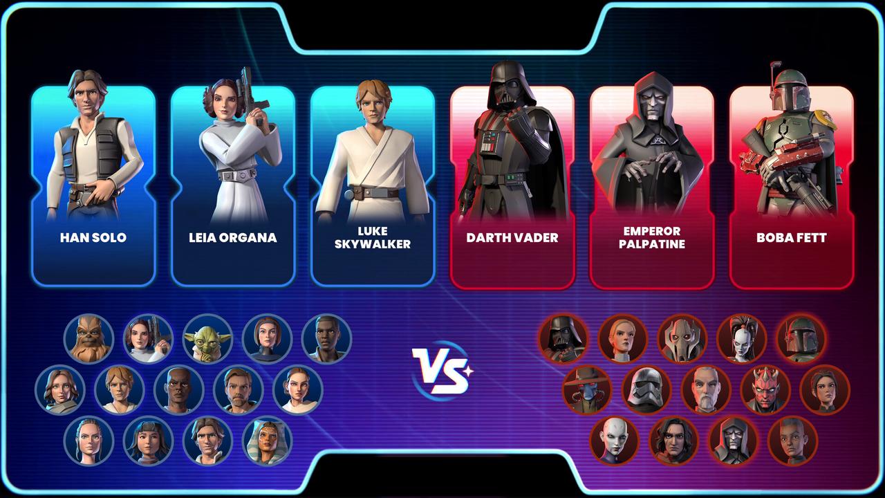 Monopoly: Star Wars Heroes vs. Villains shows Heroes and Villains character choices before a match.