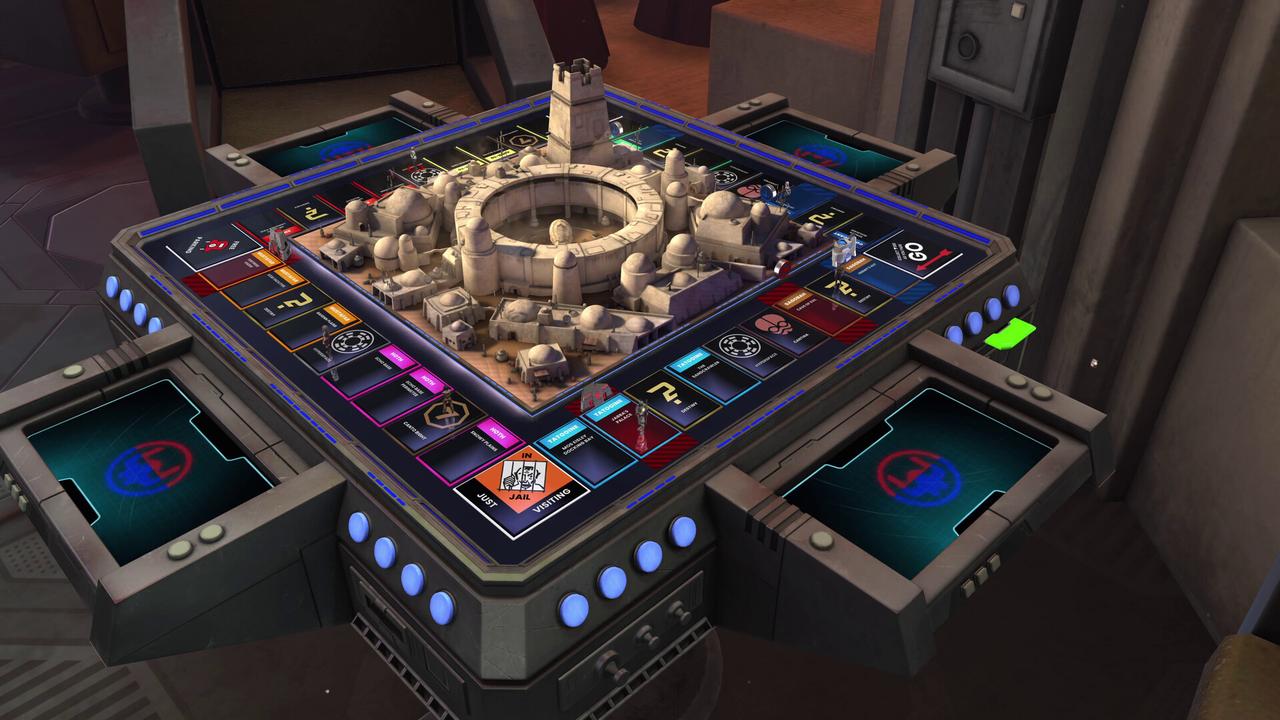 Monopoly: Star Wars Heroes vs. Villains shows the full Star Wars-themed board during a match.