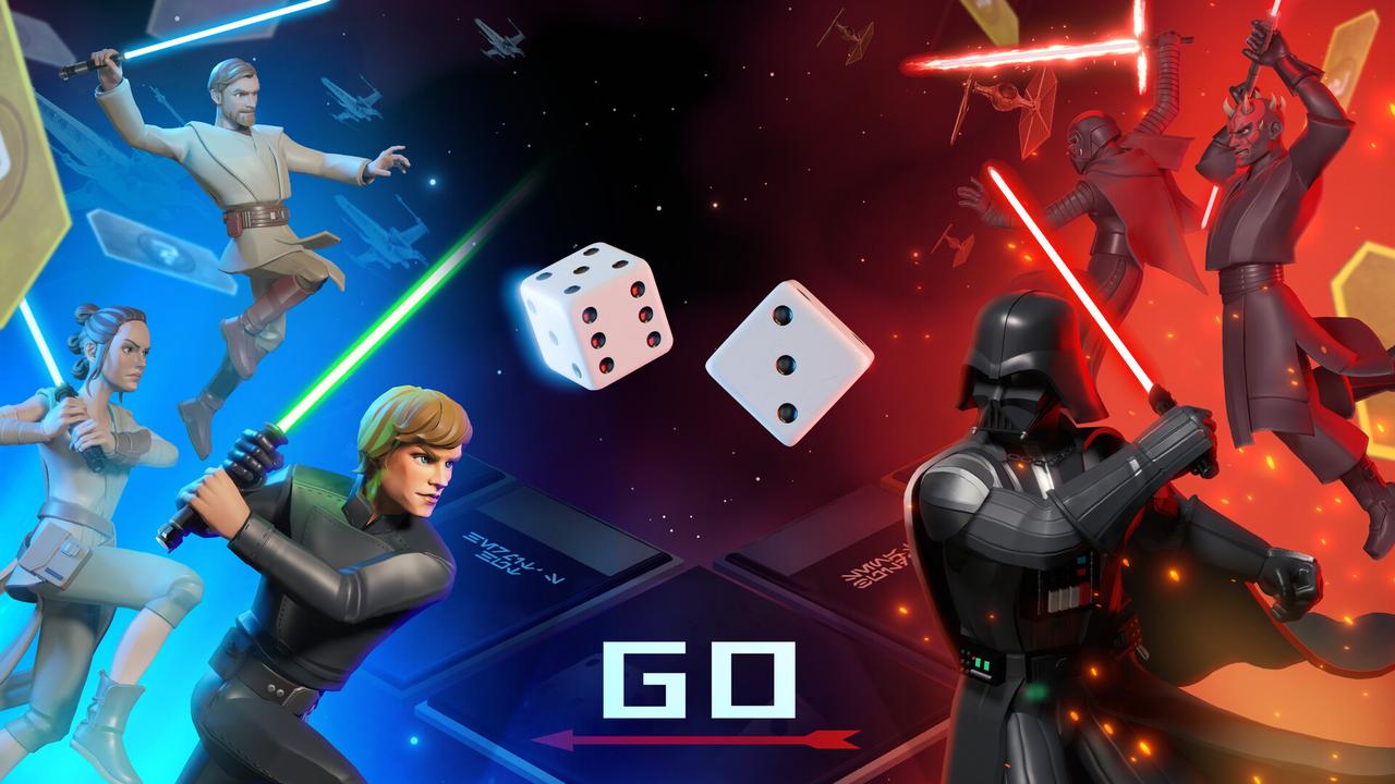 Monopoly: Star Wars Heroes vs. Villains shows Heroes and Villains near the GO space with dice during a board event.