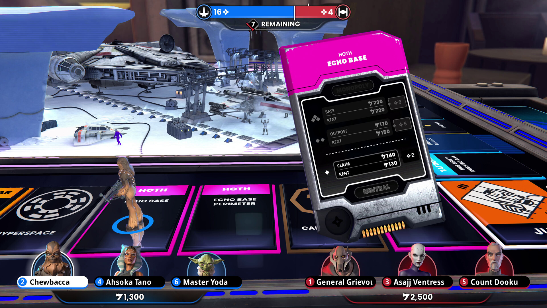 Monopoly: Star Wars Heroes vs. Villains shows the Hoth Echo Base property card on the game board.