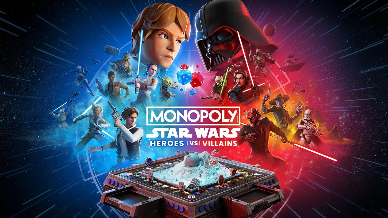Monopoly: Star Wars Heroes vs. Villains key art shows Heroes and Villains around the game board.
