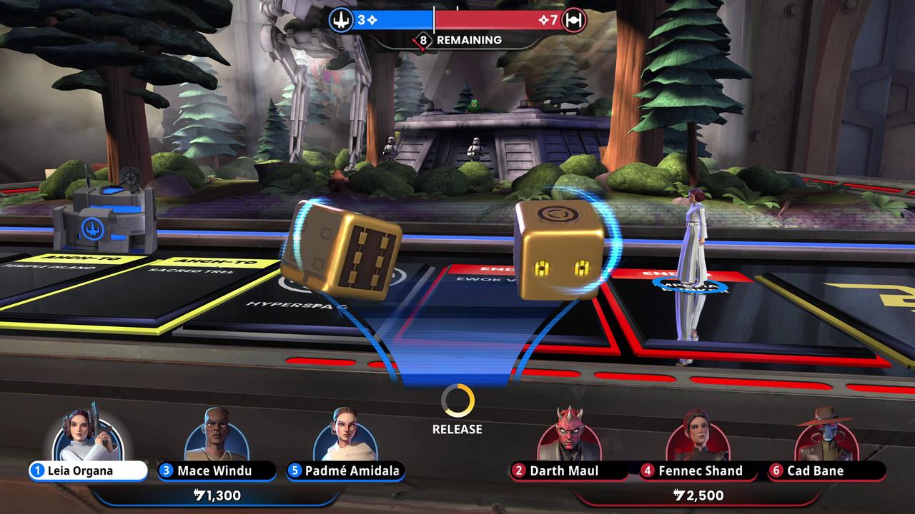 Monopoly: Star Wars Heroes vs. Villains shows Heroes and Villains teams facing off during a dice battle on the board.