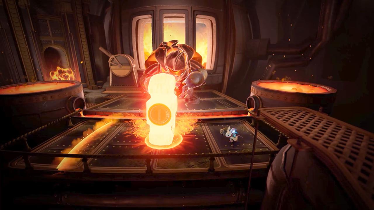 Quill faces a large armoured enemy beside a glowing puzzle object in Moss: The Forgotten Relic.
