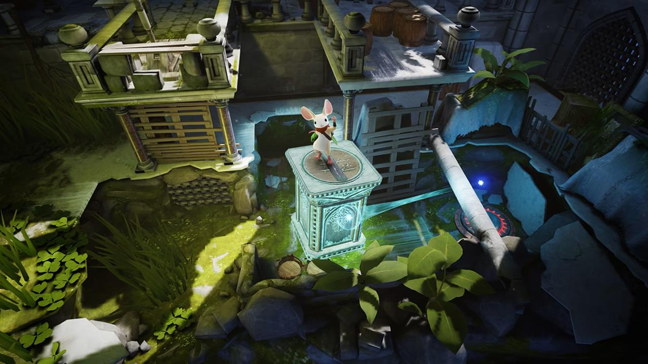 Quill gestures toward the Reader while standing on a raised platform in Moss: The Forgotten Relic.