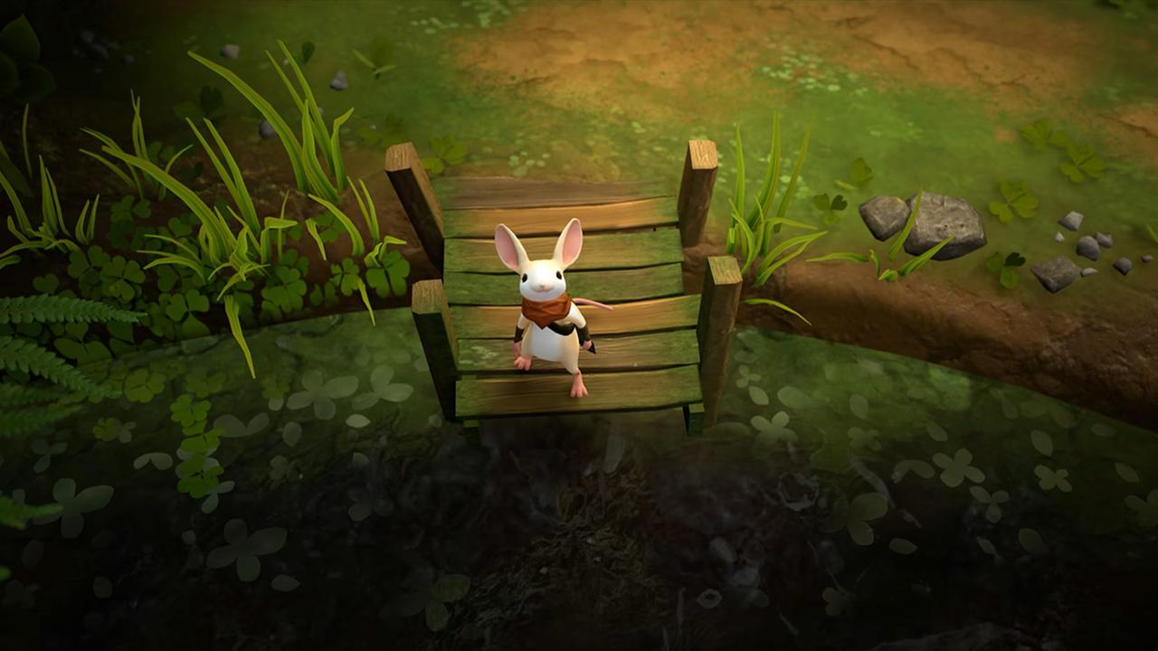Quill looks toward the Reader while standing on a wooden bridge in Moss: The Forgotten Relic.