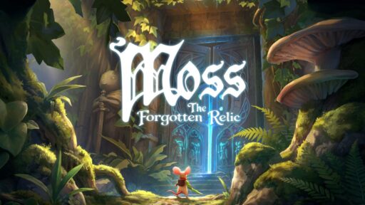 Quill stands before a glowing doorway in the official Moss: The Forgotten Relic key art.