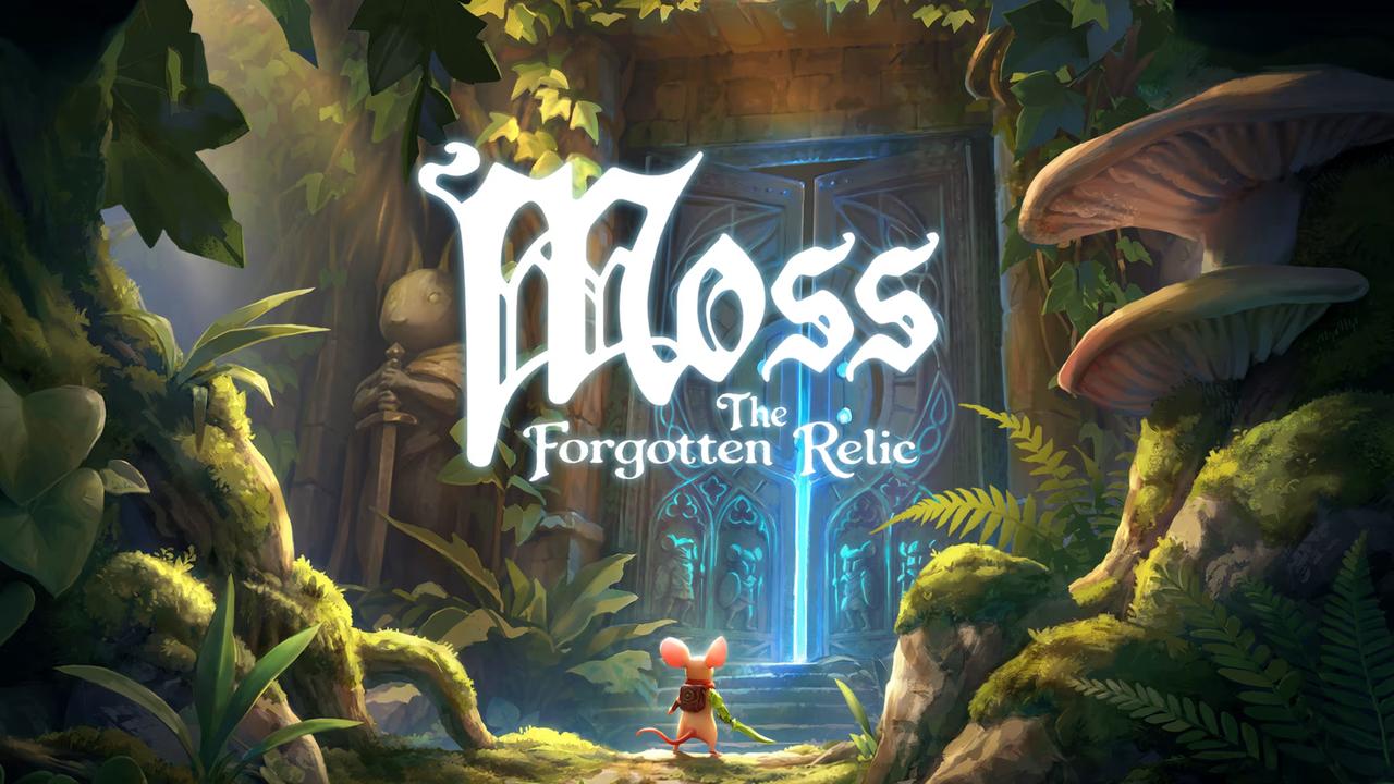 Quill stands before a glowing doorway in the official Moss: The Forgotten Relic key art.