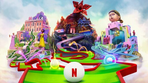 Netflix Minigolf key art featuring Stranger Things, Squid Game, and Bridgerton themed courses.
