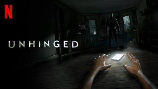 Netflix’s Unhinged key art showing Ava reaching toward a phone with a shadowy figure in the room.